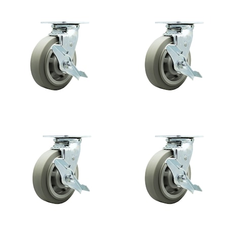 Service Caster 6 Inch Thermoplastic Rubber Swivel Caster Set with Roller Bearings and Brake SCC SCC-30CS620-TPRRF-TLB-4